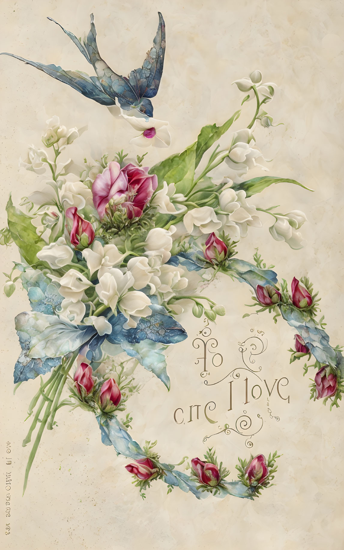 Vintage-style Blue Swallow and Floral "Love" Illustration on Cream Background