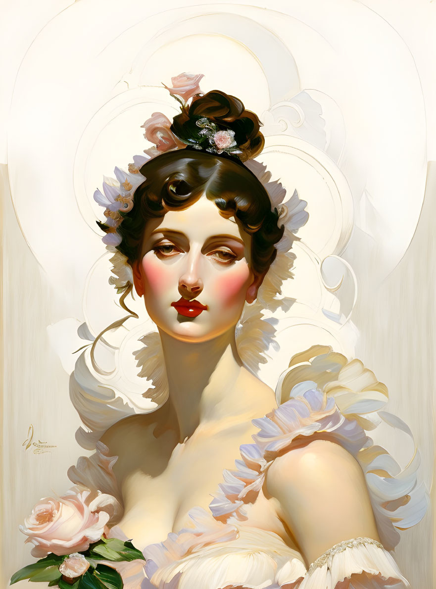 Classic portrait of elegant woman in floral headdress and ruffled attire