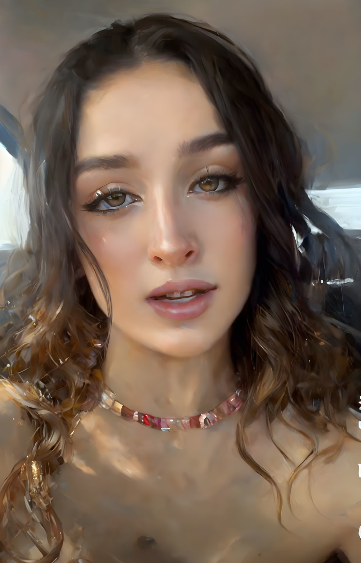 Portrait of young woman with brown curly hair and colorful necklace