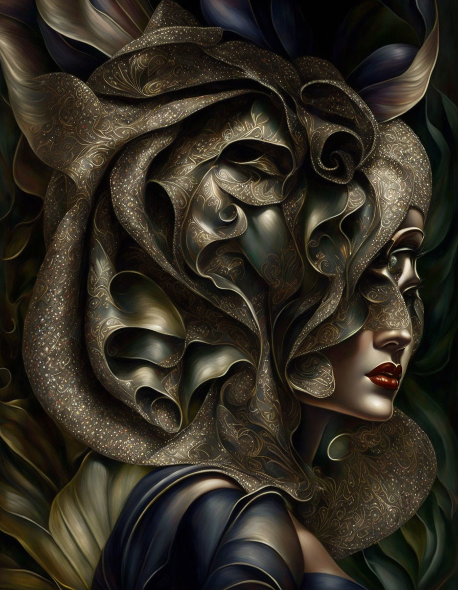 Detailed digital artwork: Woman's profile with floral helmet and ornate patterns