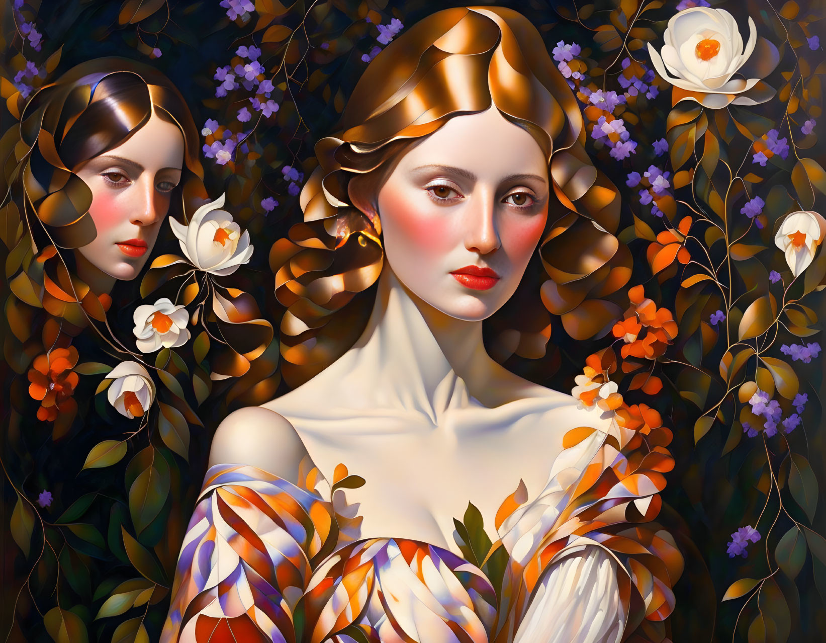 Stylized women in vibrant floral attire among lush foliage