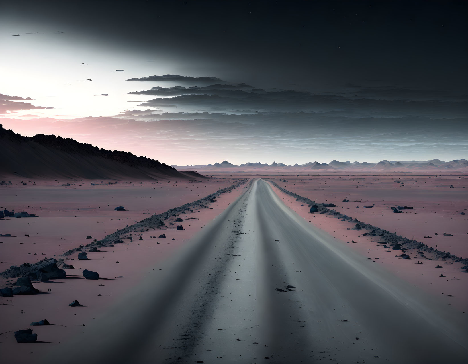 Deserted road leading to mountains at dusk with barren landscape