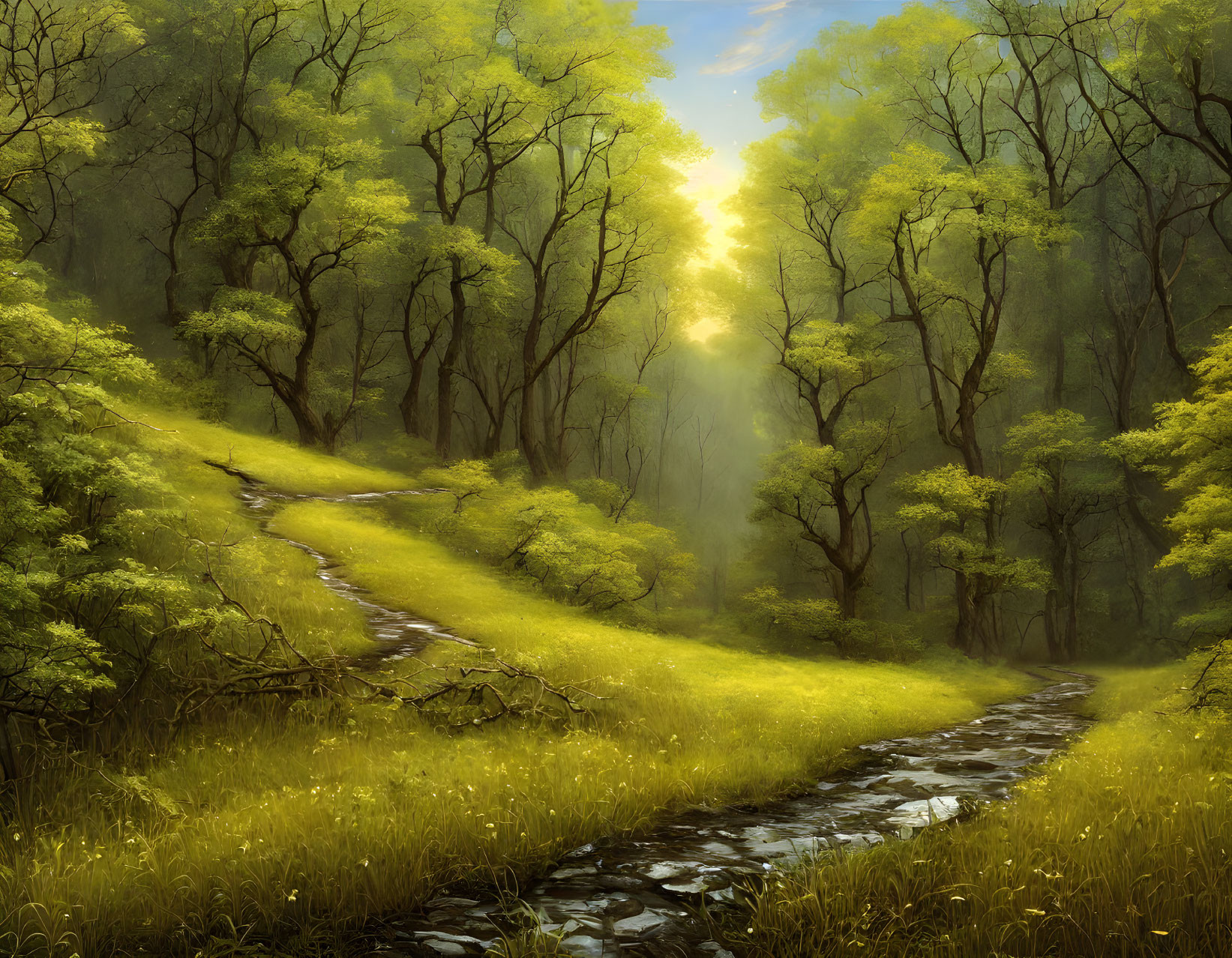 Tranquil Sunlit Forest with Green Trees and Stream