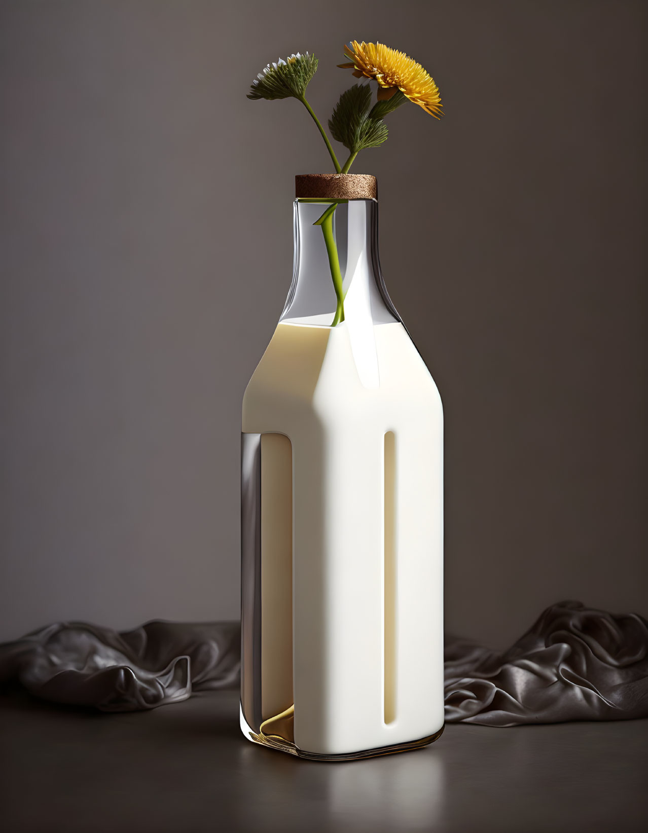 White Milk Bottle Vase Yellow Flowers Gray Background Soft Lighting