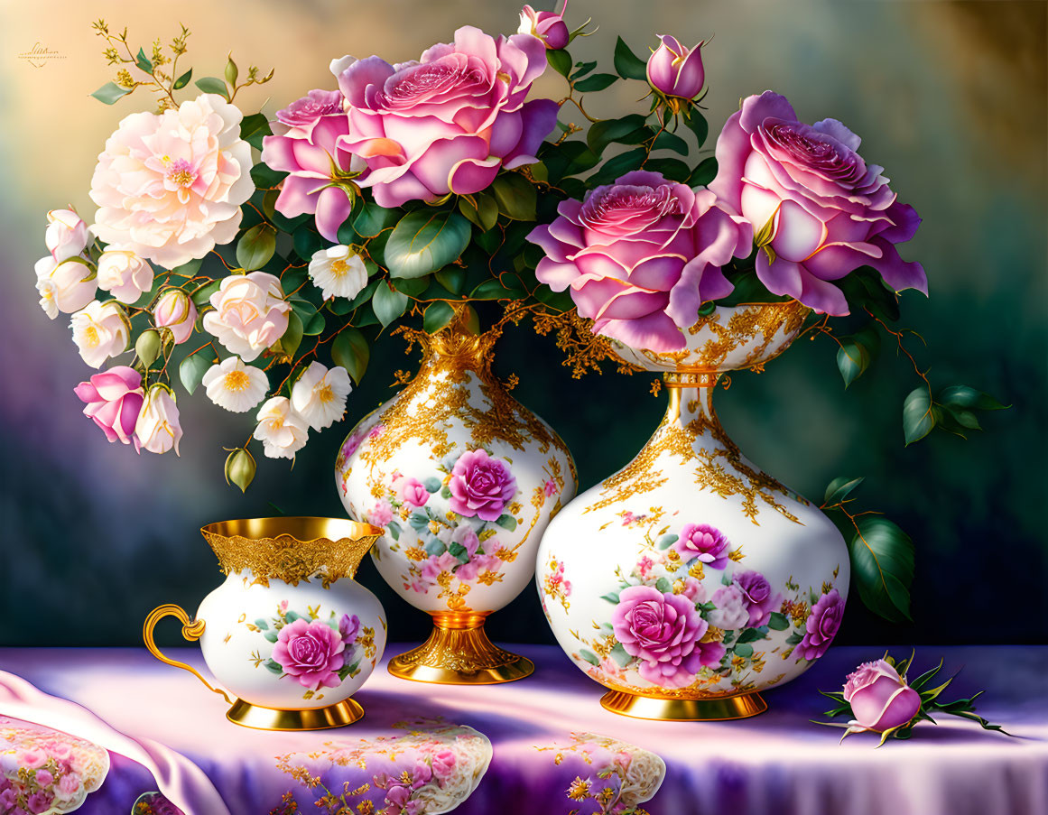 Detailed Still Life: Pink Roses in White and Gold Vases on Blended Background