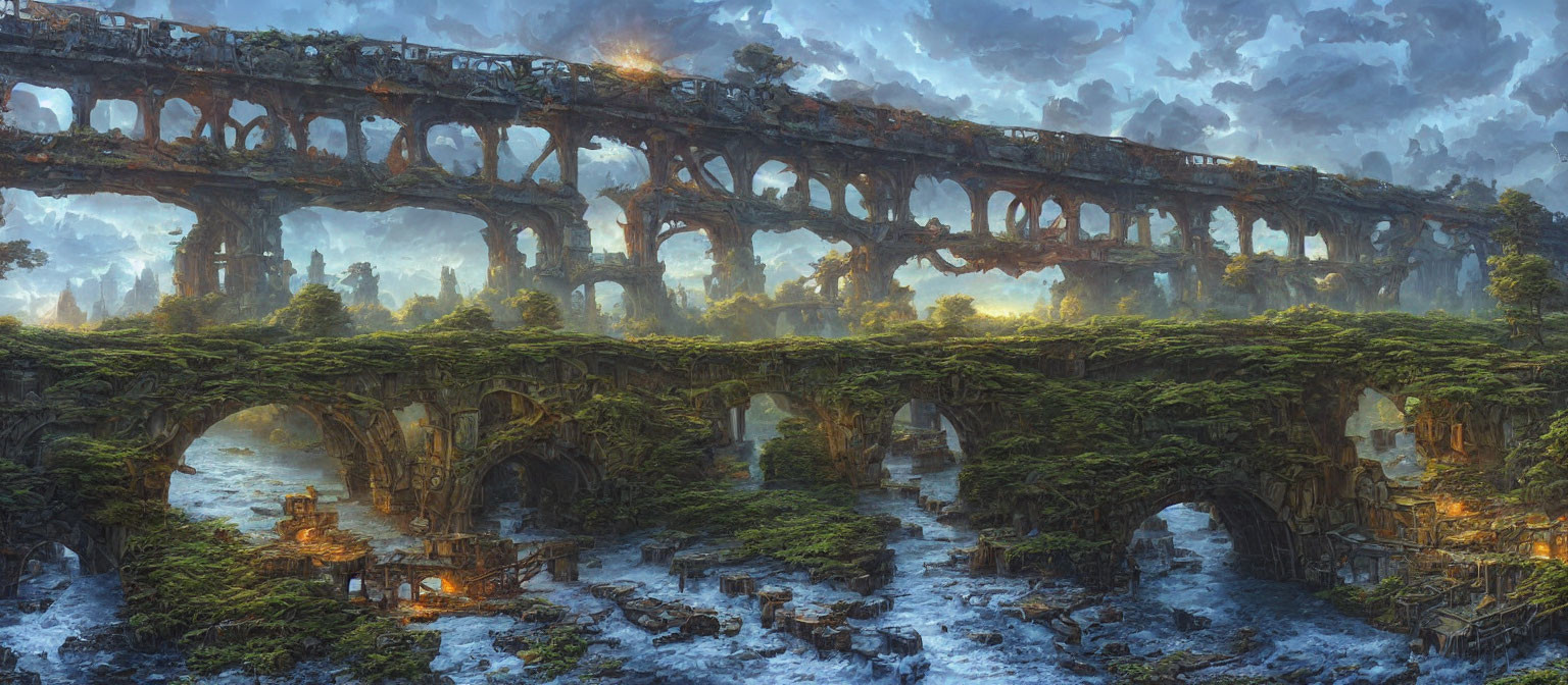 Fantasy landscape with ancient aqueduct, lush forests, and twilight sky