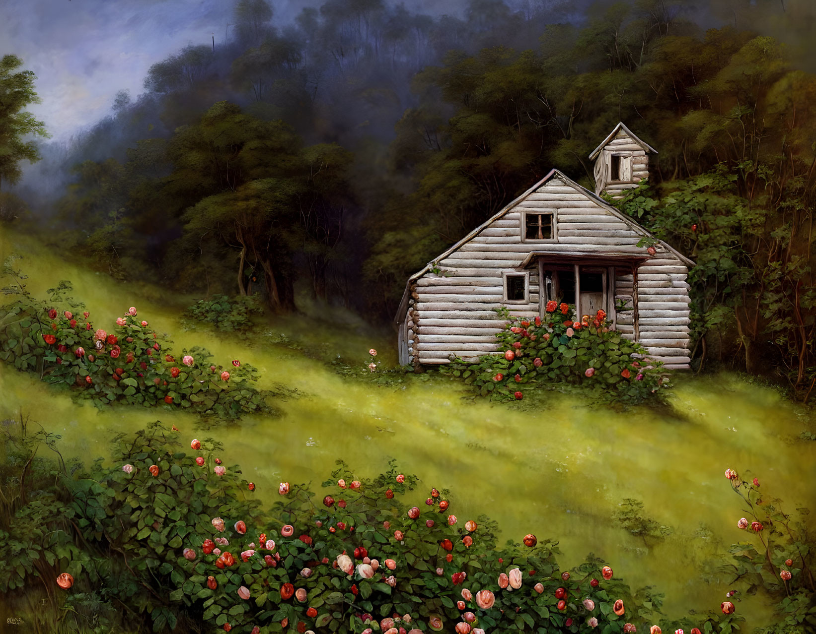 Rustic wooden cottage in greenery with pink flowers and foggy forest.