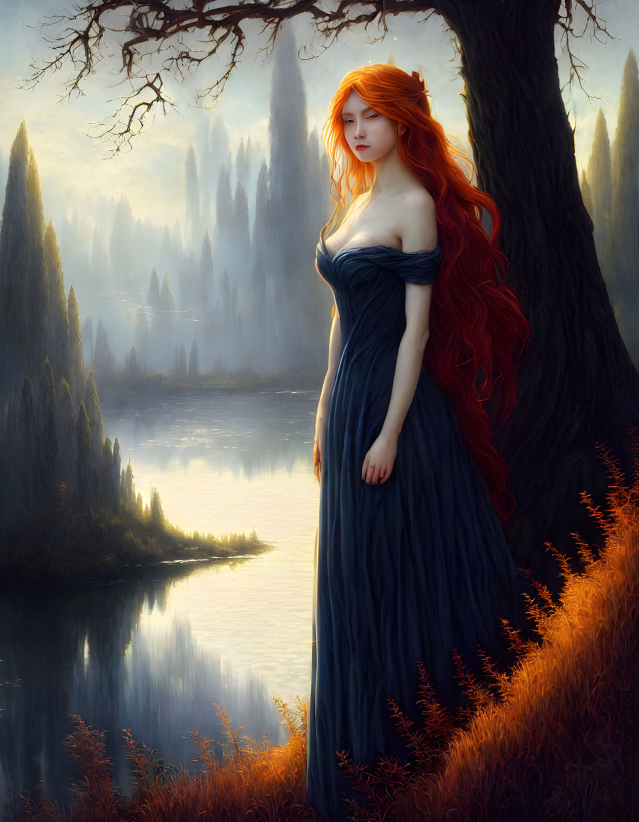 Woman with flowing red hair in blue dress by river at sunset.