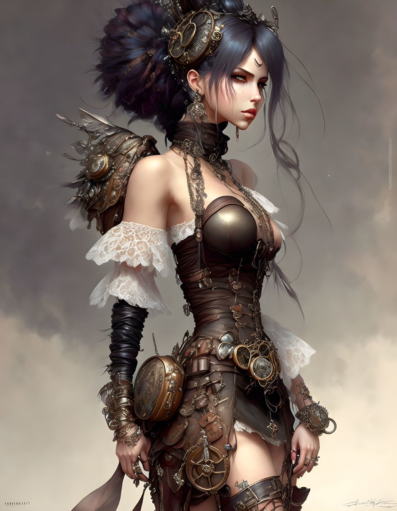 Steampunk-themed digital art: Woman in intricate attire with mechanical accessories and confident gaze.