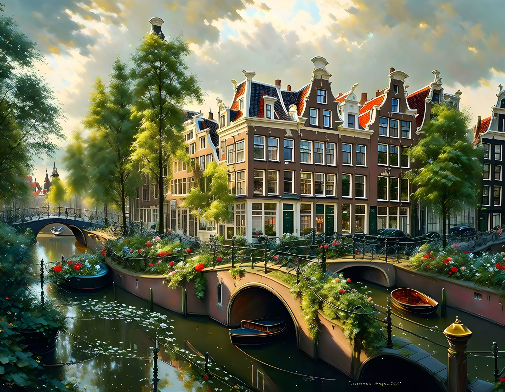 Amsterdam canal scene with Dutch houses, trees, plants, and bridges