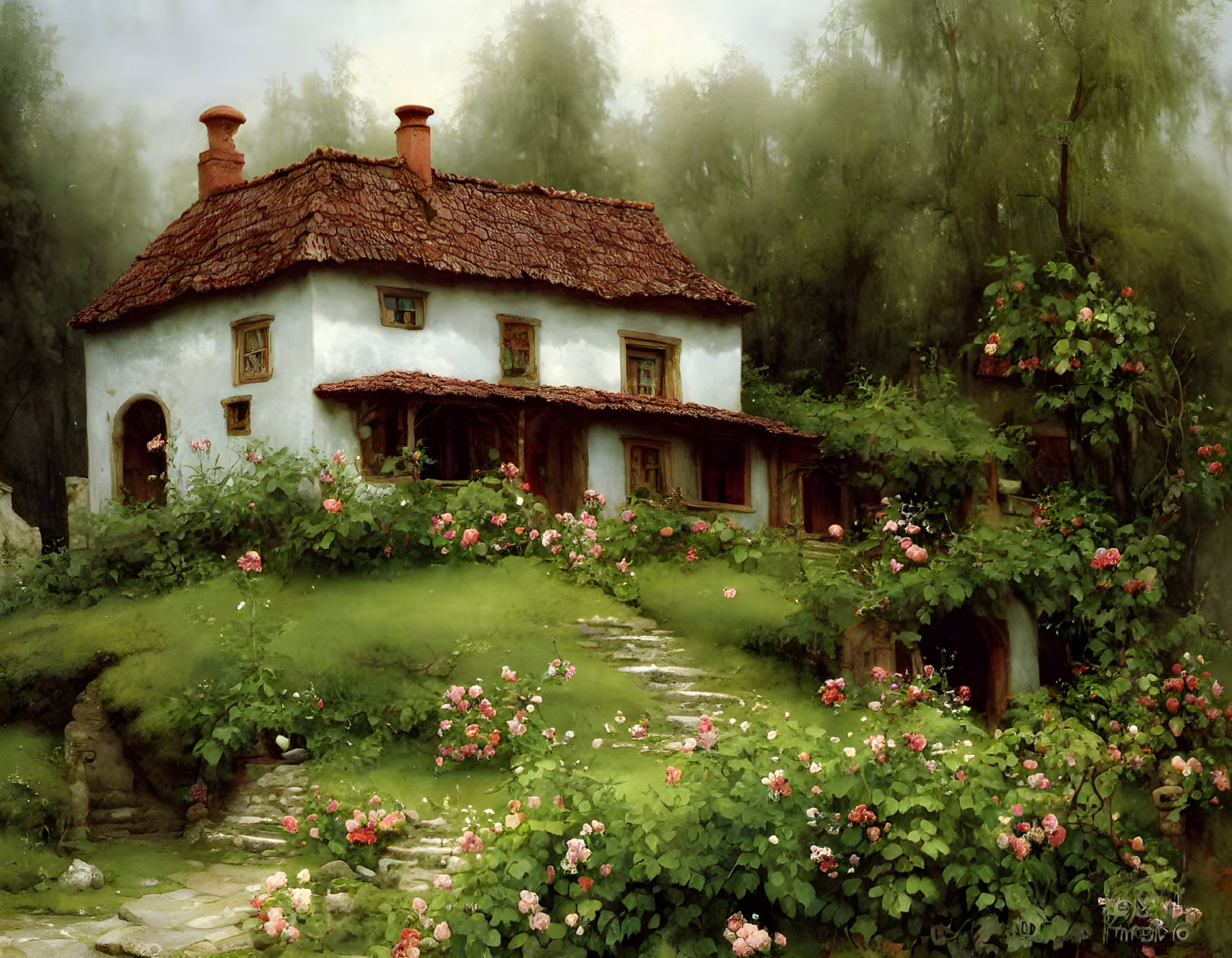 Thatched roof cottage in greenery with pink roses and stone pathway