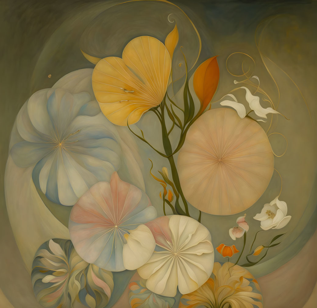 Ethereal flower painting in warm tones with swirling stems and delicate petals