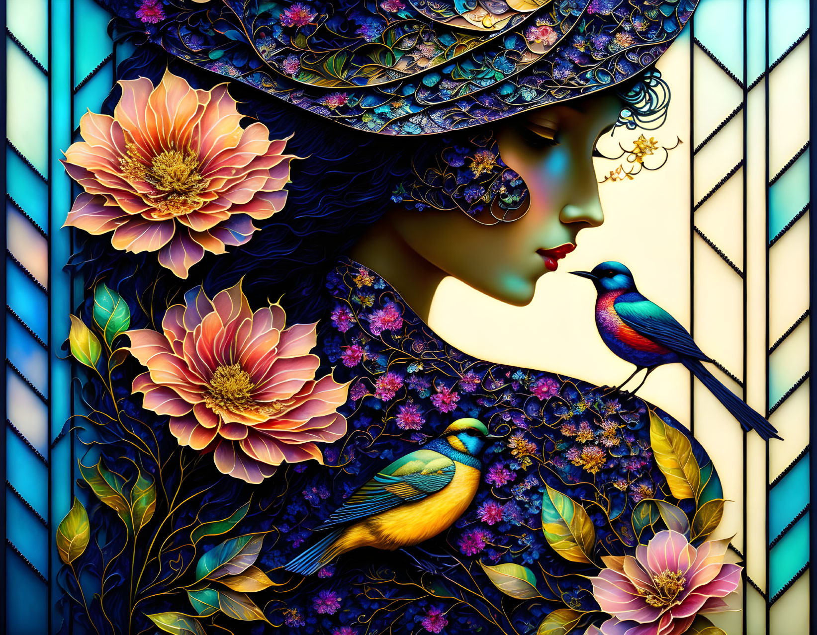 Colorful stained glass-style illustration of a woman with floral patterns and birds.