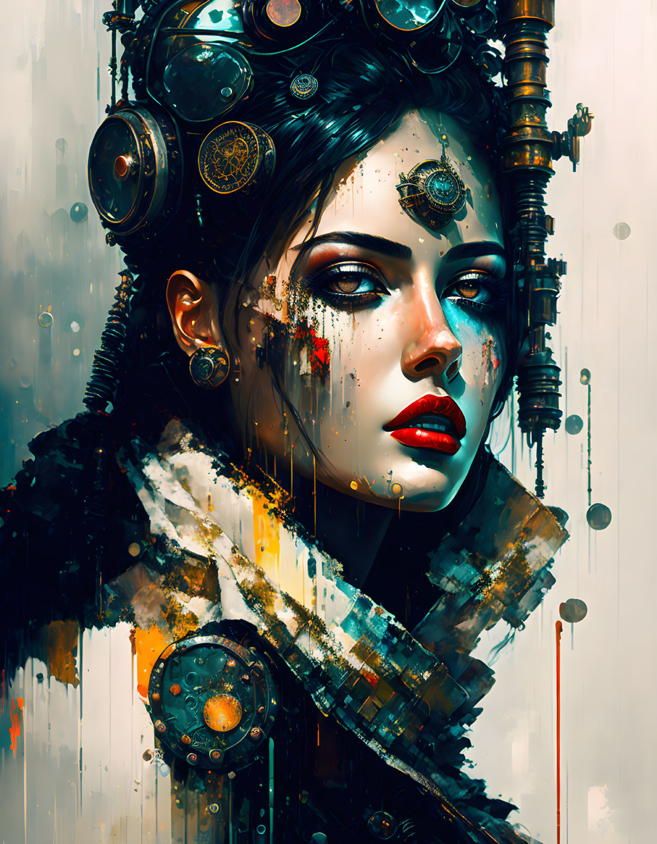 Steampunk-inspired female character with intricate mechanical headgear and rich colors.