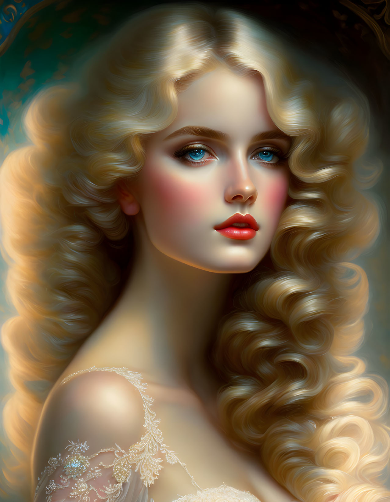 Blonde Woman Digital Art with Flowing Hair & Blue Eyes