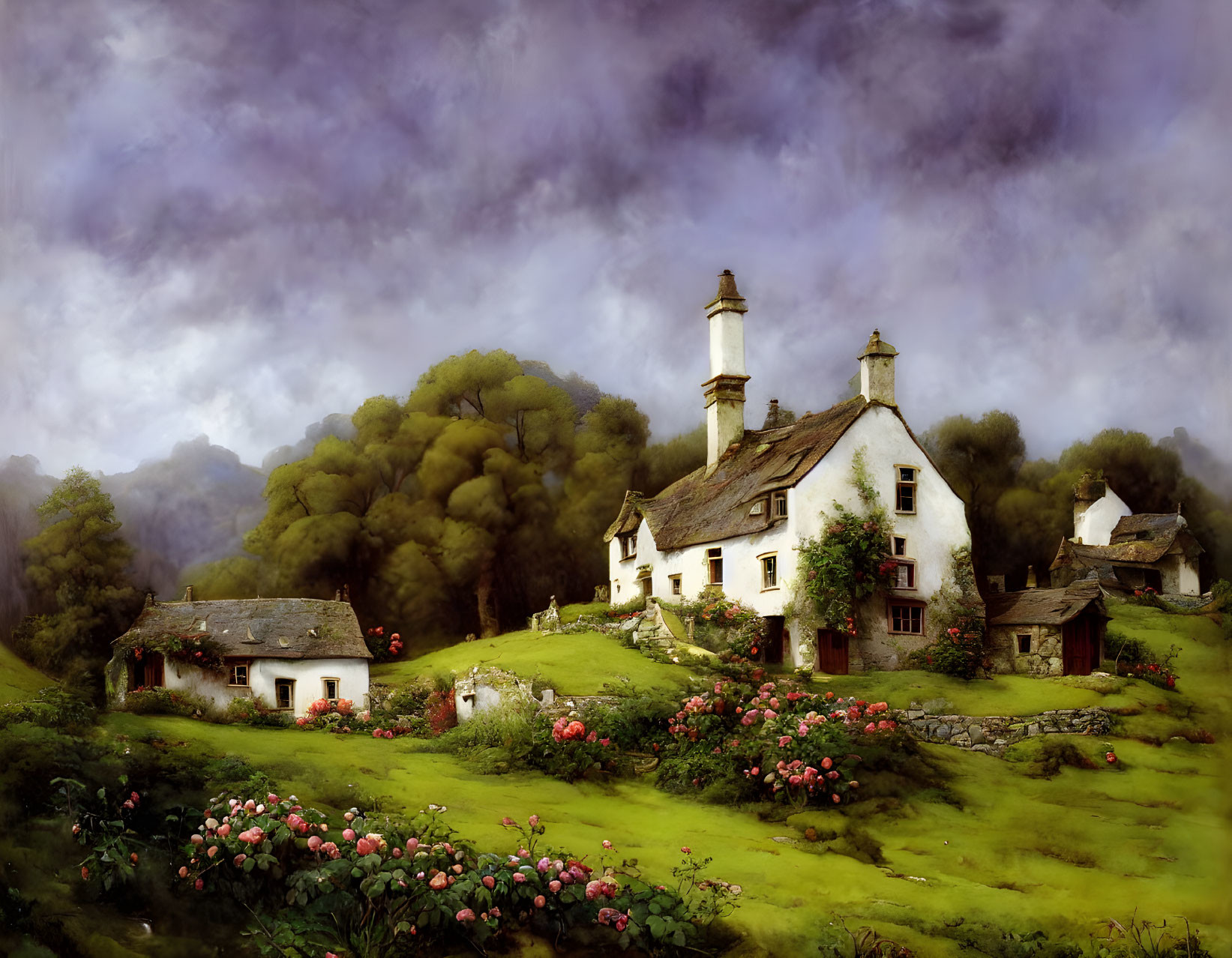 Tranquil landscape: white cottage, greenery, blooming flowers, ominous sky