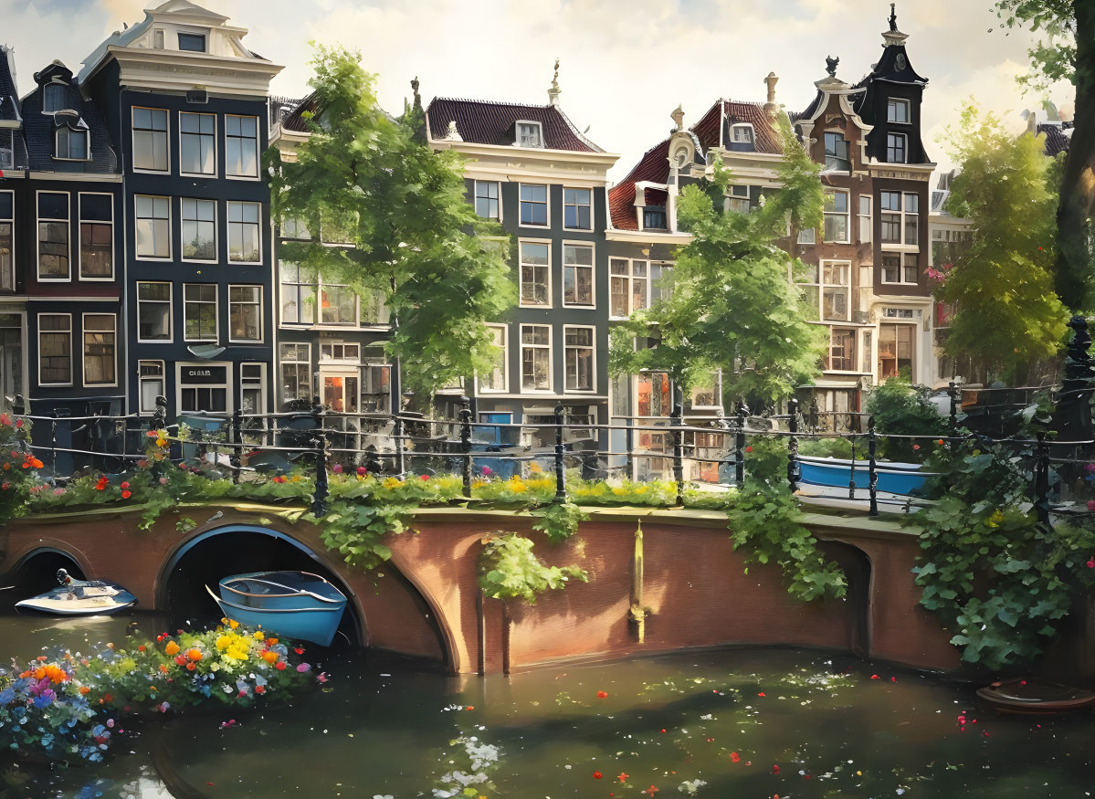 Historic houses and boats on serene Amsterdam canal