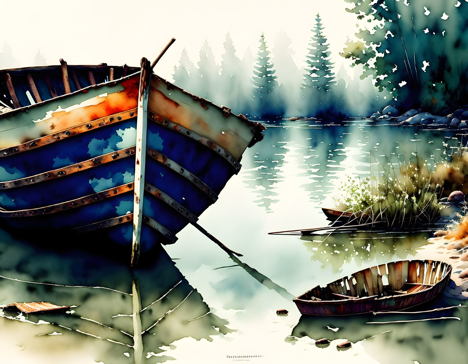 Tranquil lake scene with old boats and misty trees