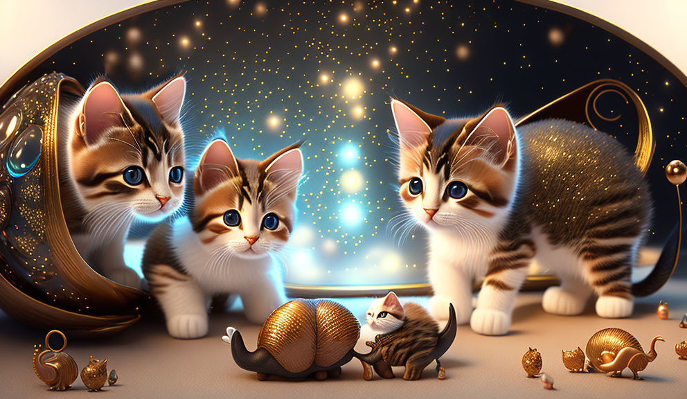 Animated kittens playing with toy animals near mystical horn and starry cosmos background