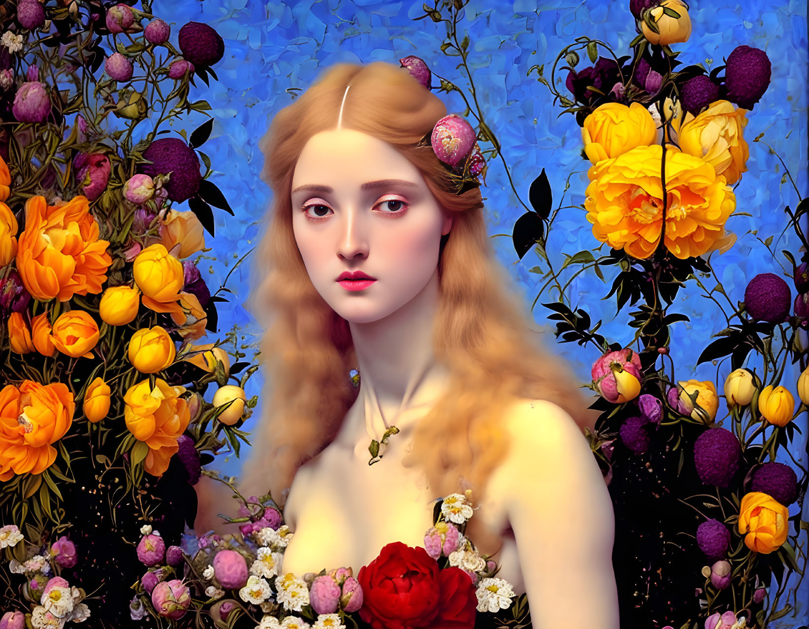 Blonde Woman Surrounded by Vibrant Flowers and Red Rose