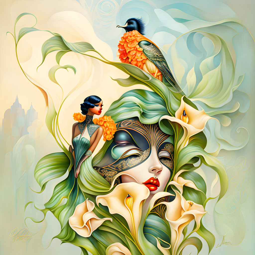 Surreal illustration: Woman's face merges with calla lilies, bird, and female figure