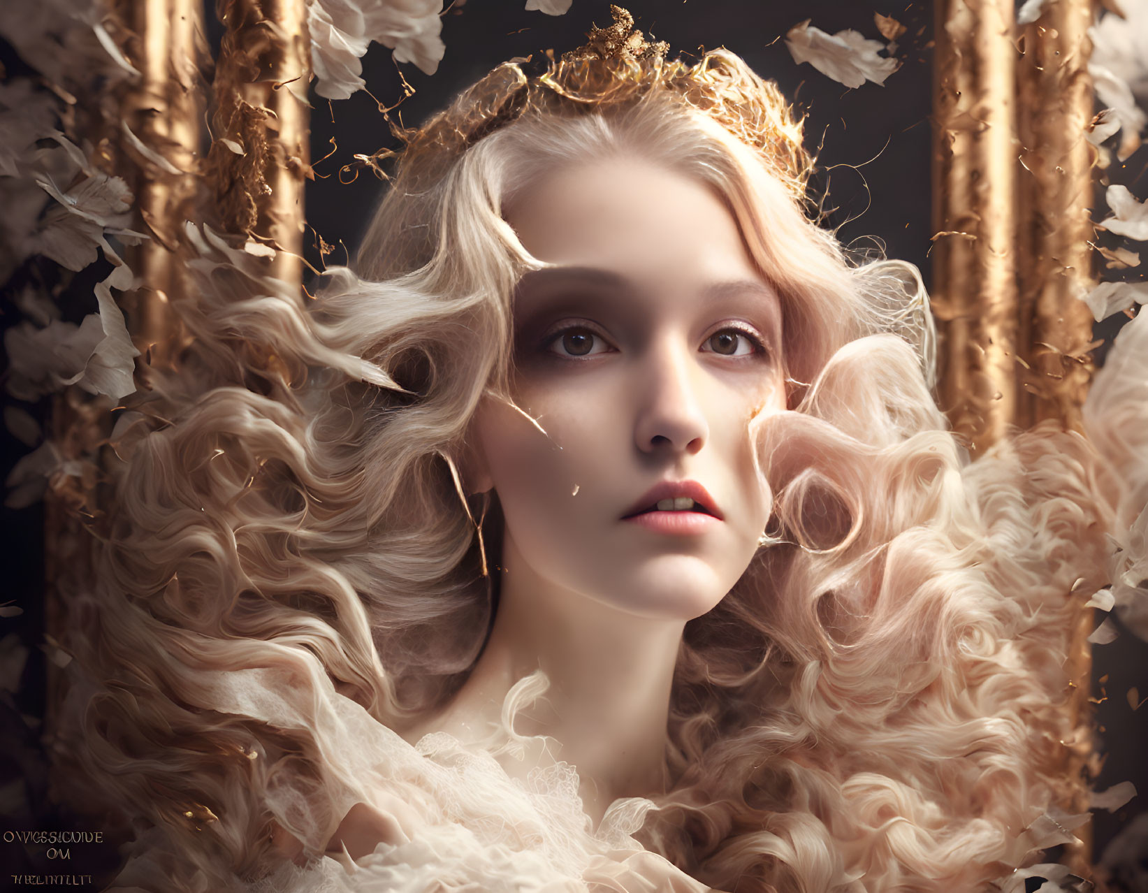 Curly-Haired Woman with Crown in Golden, Mystical Setting