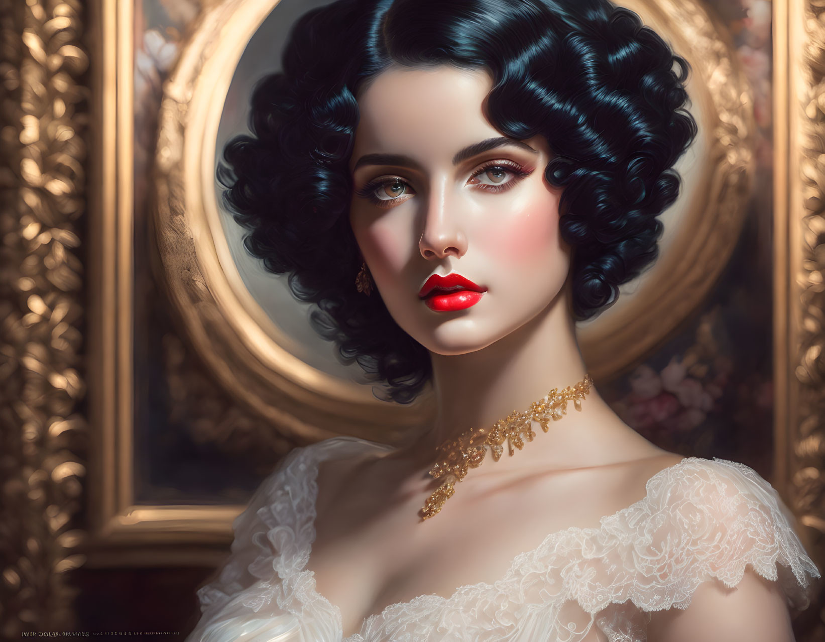 Illustrated portrait of woman with black curls, porcelain skin, red lips, in gilded mirror