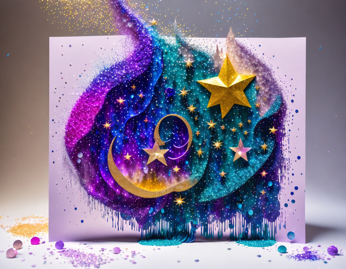 Colorful Glitter Card with Moon, Stars, and Paint Effects