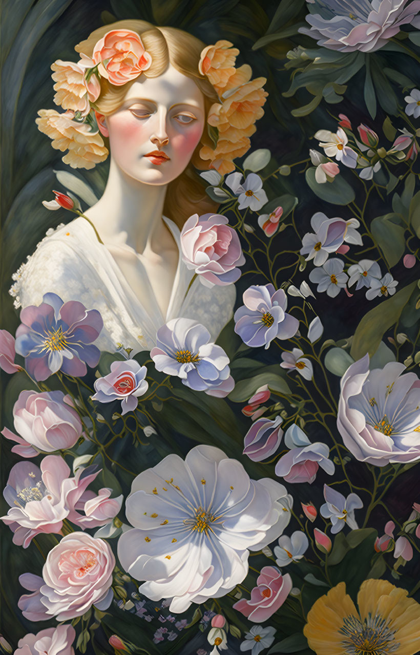 Serene woman with flowers in hair surrounded by blooming flowers