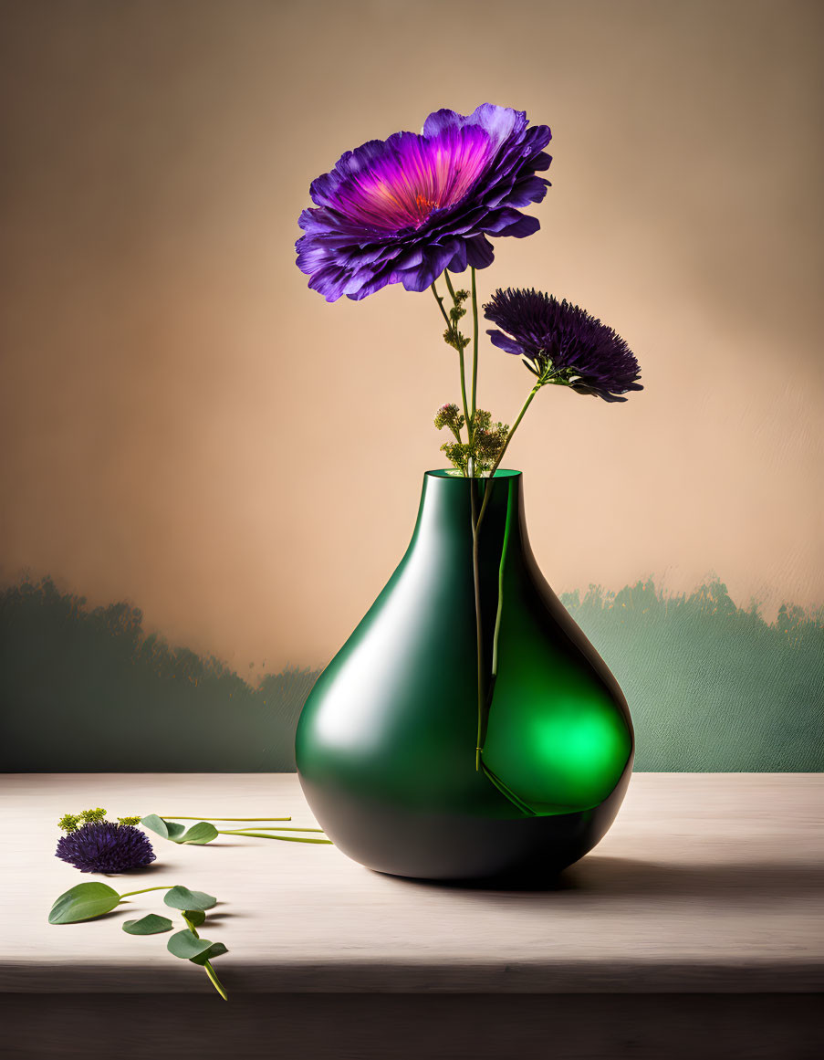 Purple Flower in Green Vase on Wooden Surface