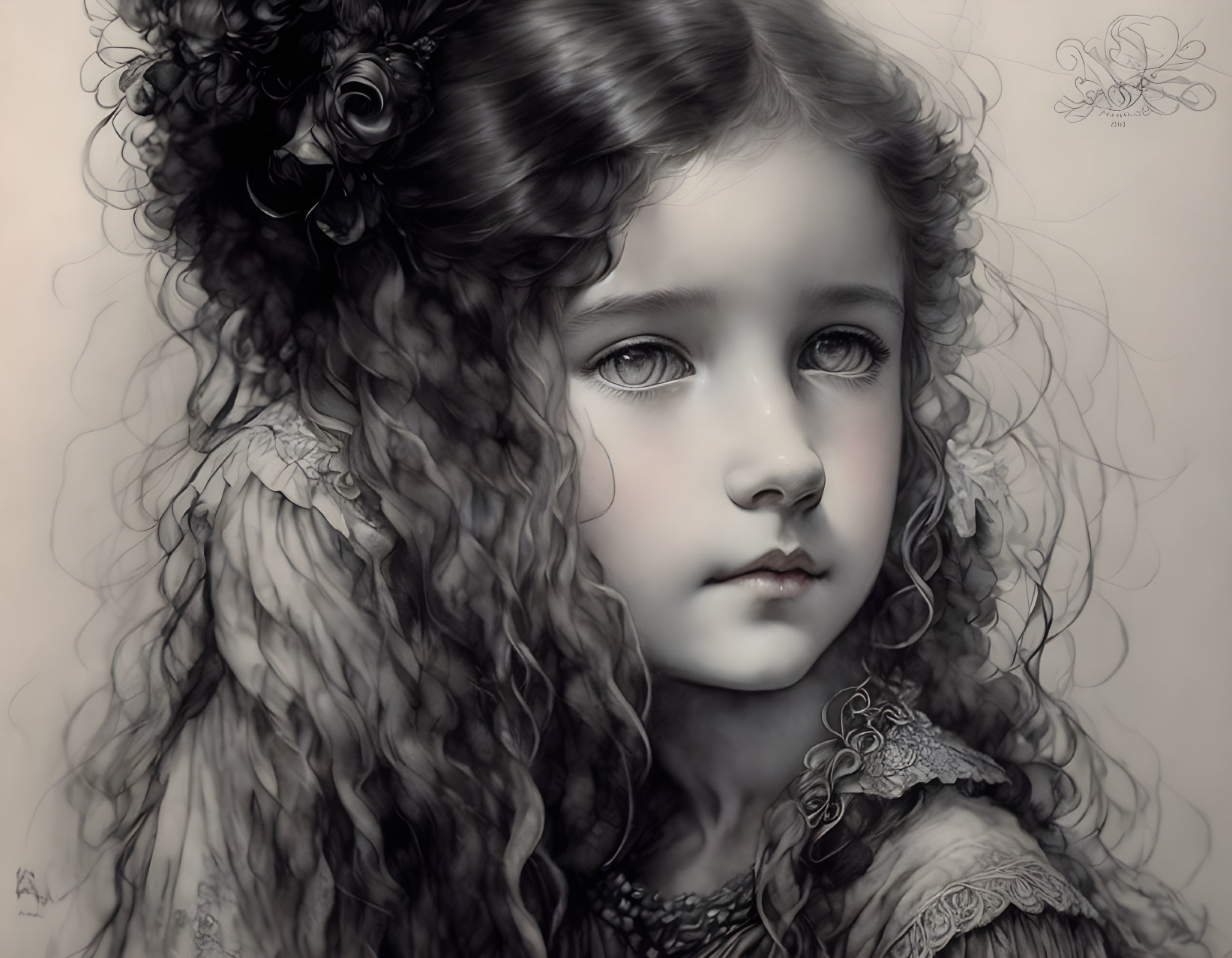 Monochromatic portrait of young girl with curly hair and expressive eyes