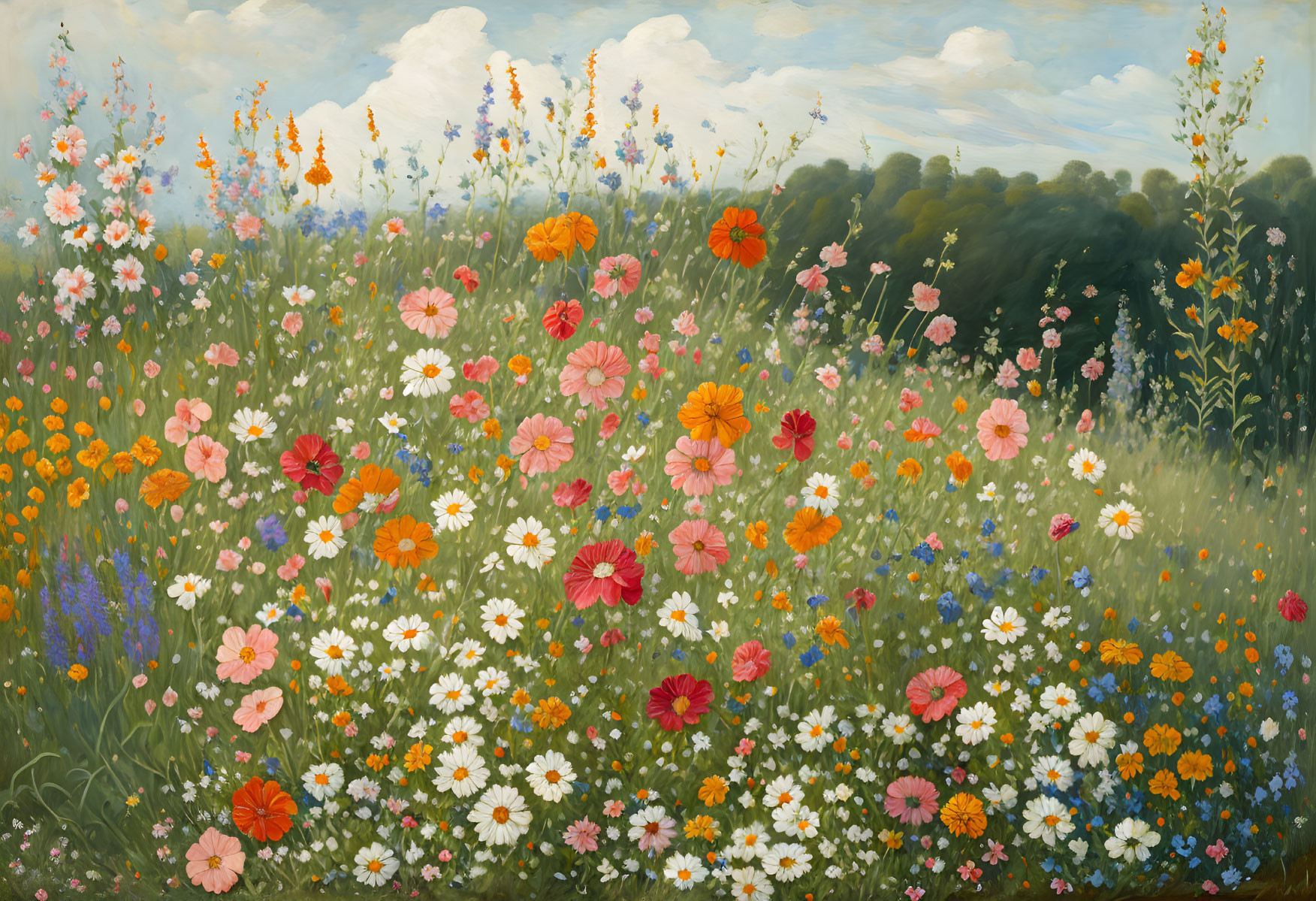 Colorful wildflower meadow painting with blooming flowers and clear sky