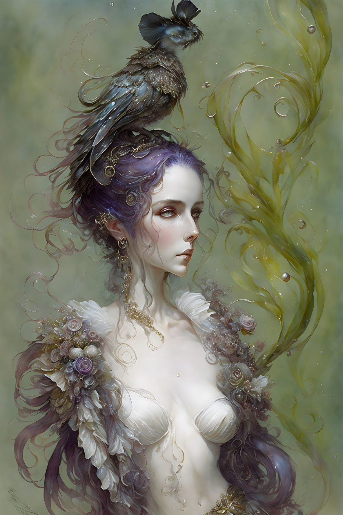 Fantasy painting of woman with lavender hair and crow in ethereal gold swirls