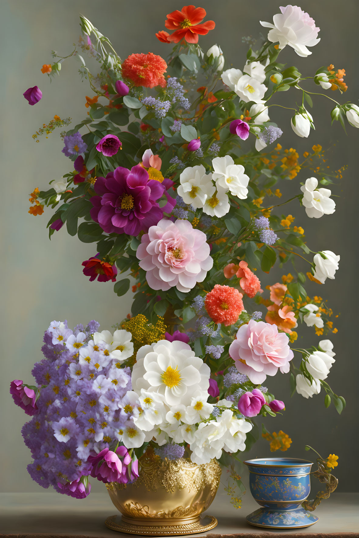 Colorful flower bouquet in golden vase with blue cup on gray background