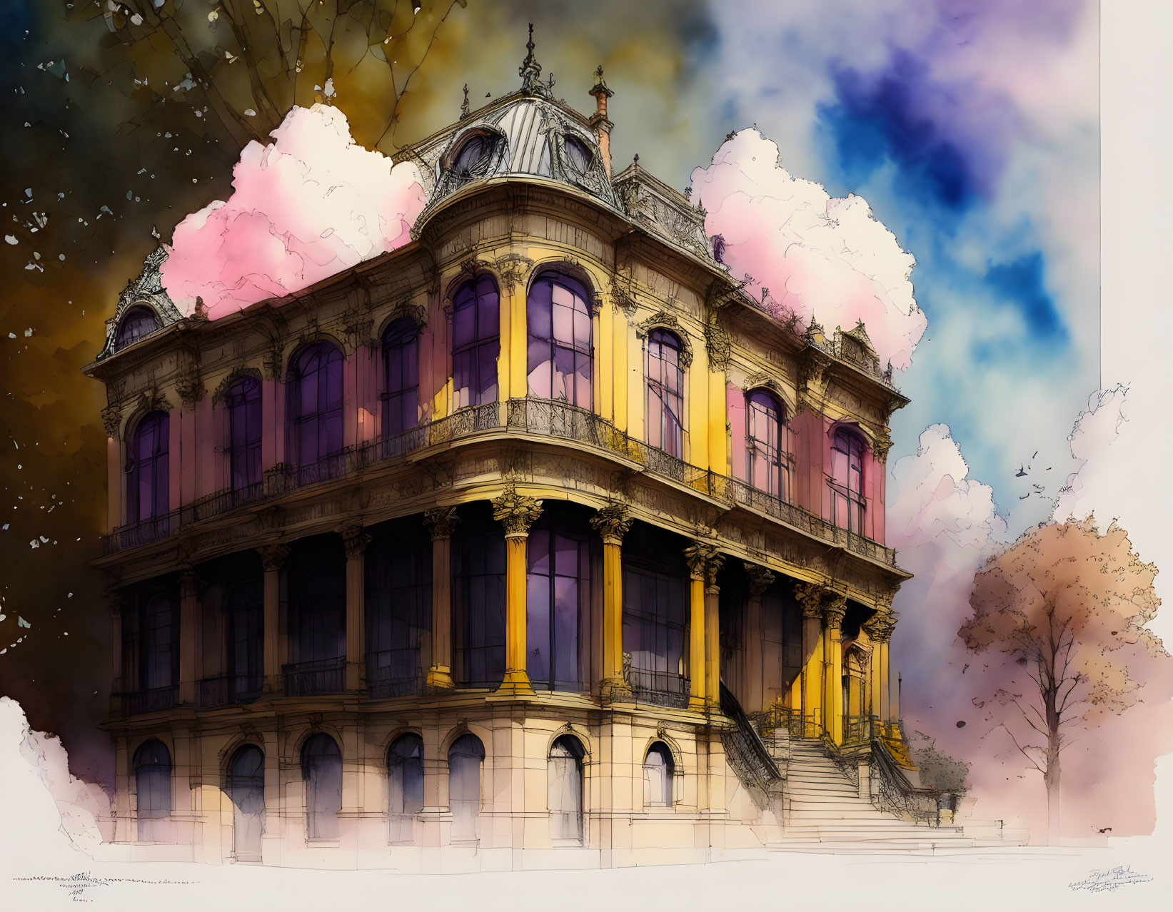 Detailed illustration of grand mansion against whimsical clouds