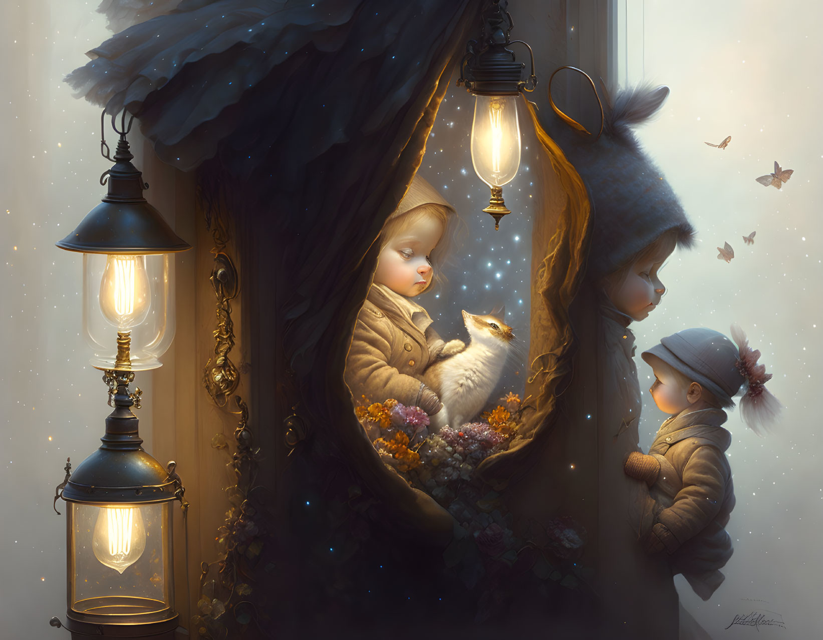 Enchanting artwork of children, animal, and lantern in soft light