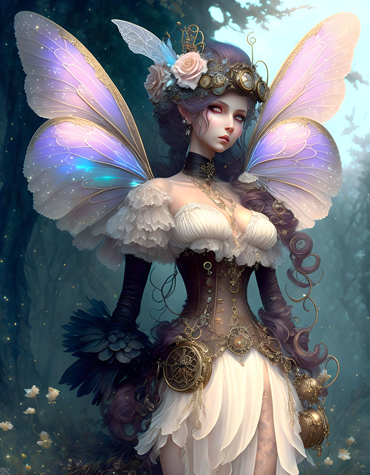 Fantasy fairy with iridescent wings in Victorian attire.