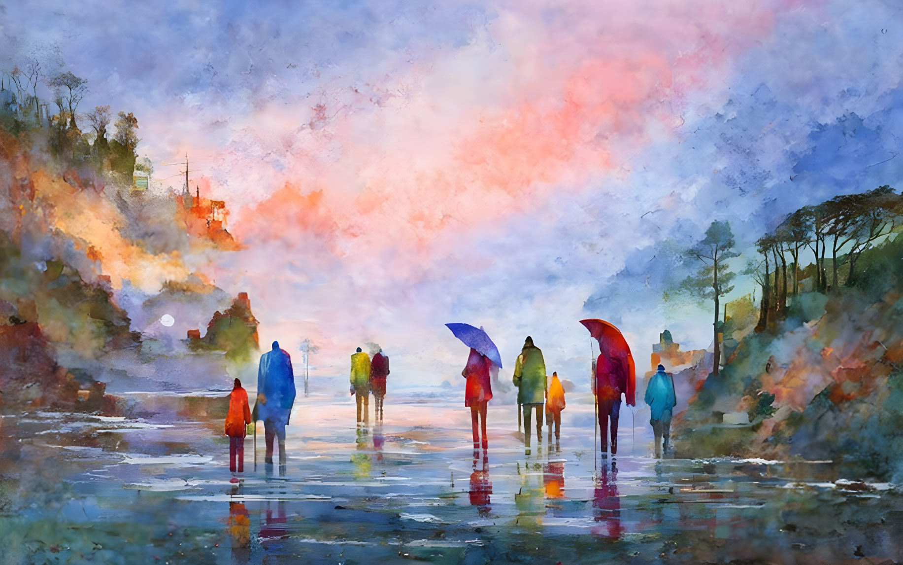 Vibrant watercolor painting of people with umbrellas in cityscape at sunset