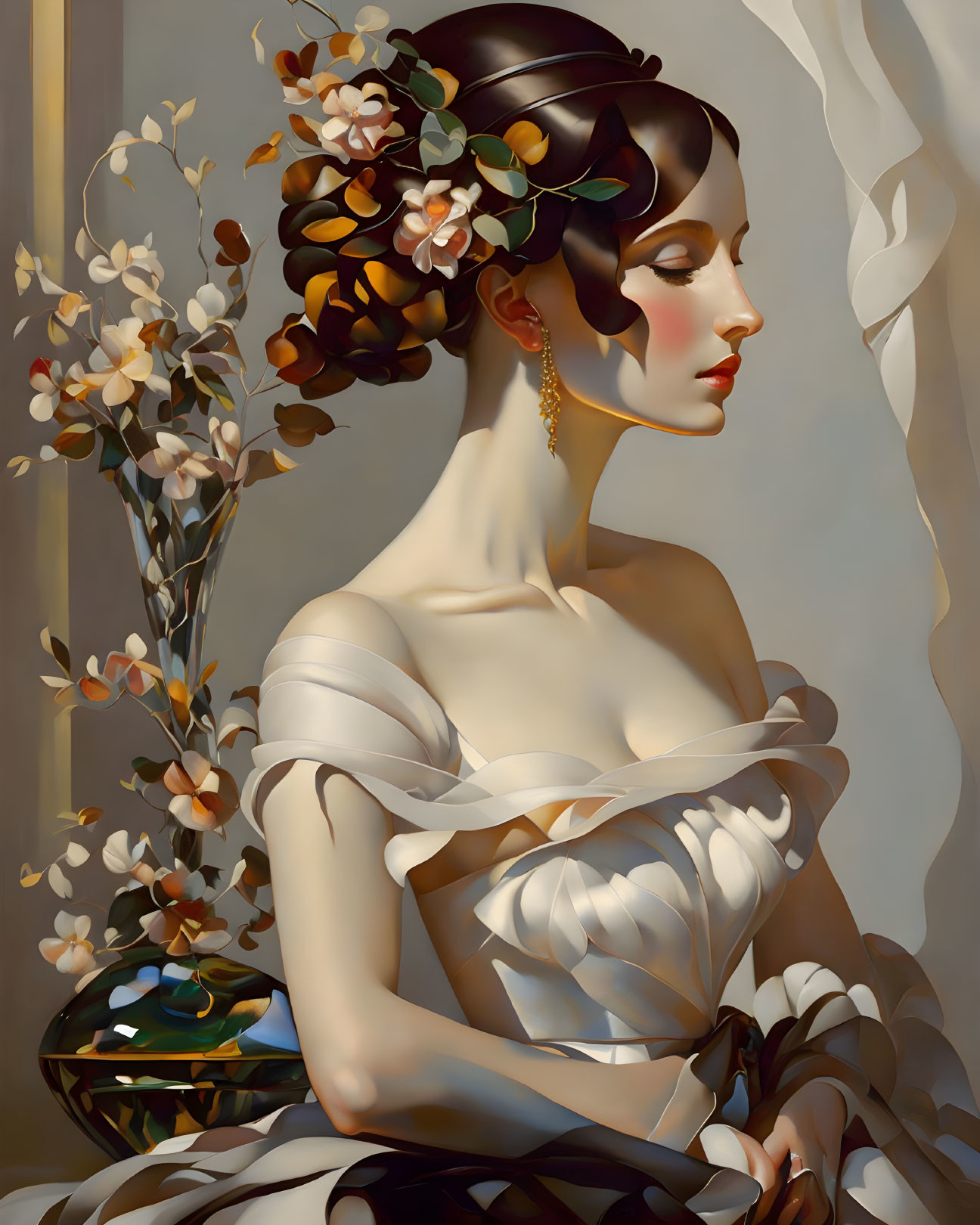 Woman with Flowers in Hair in Elegant White Gown and Soft Lighting