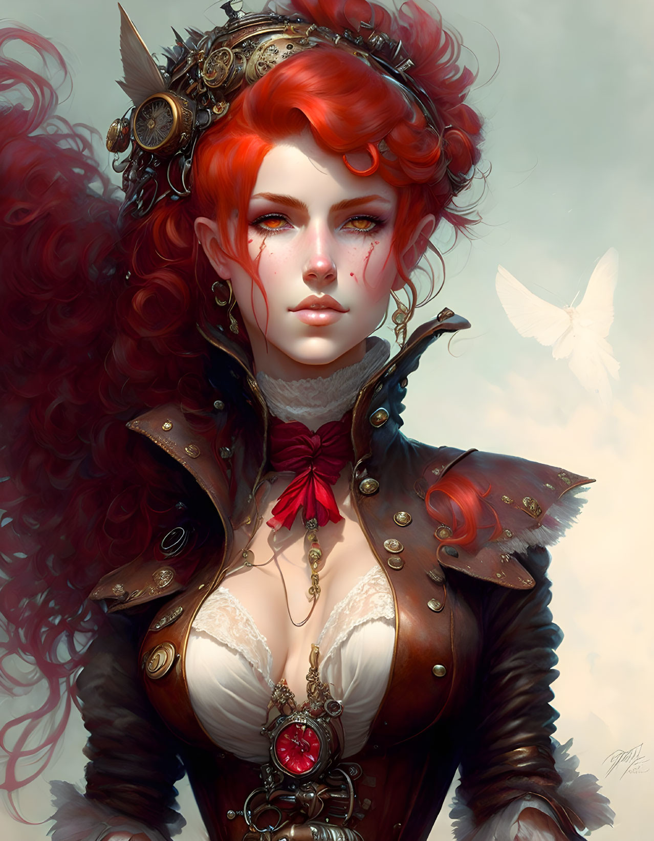 Vibrant red-haired woman in steampunk attire with white butterfly.