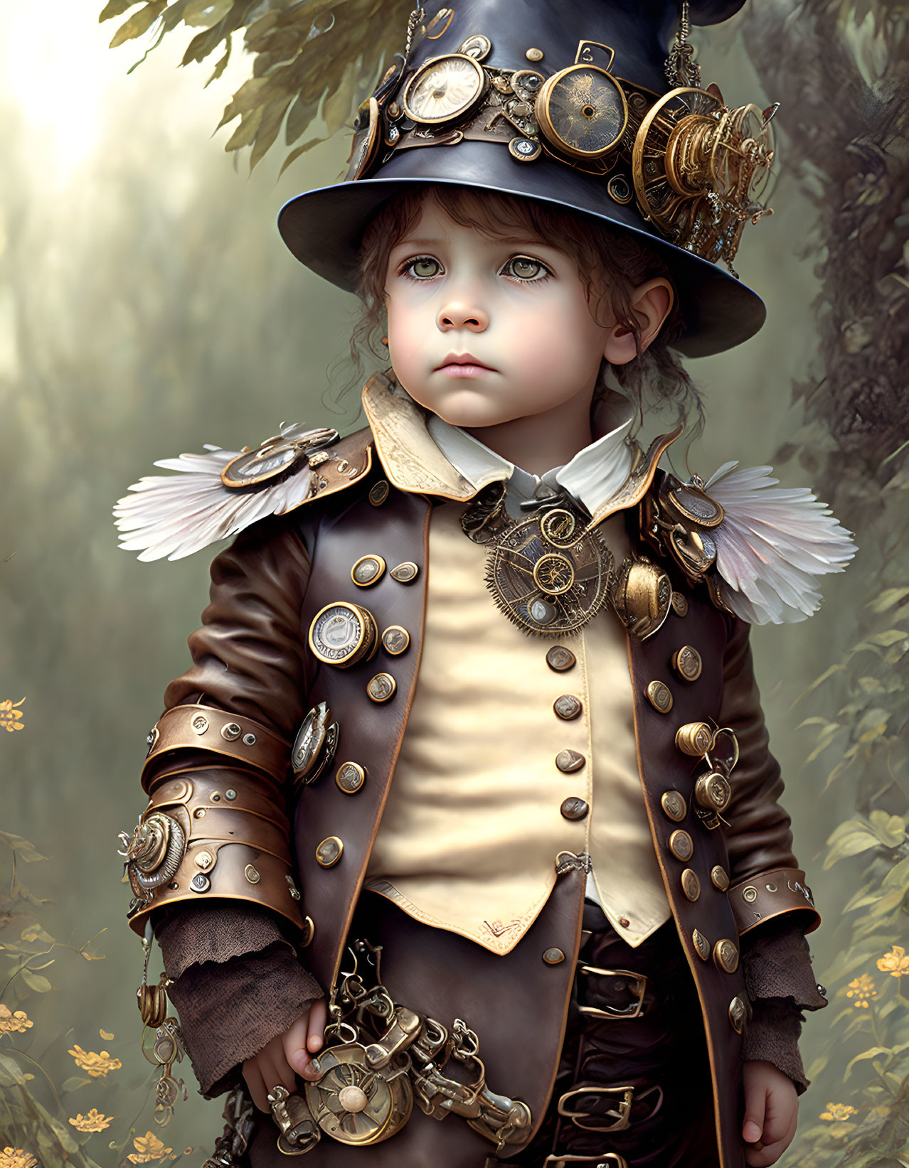 Child in steampunk attire with gears, top hat, and goggles in mystical forest.