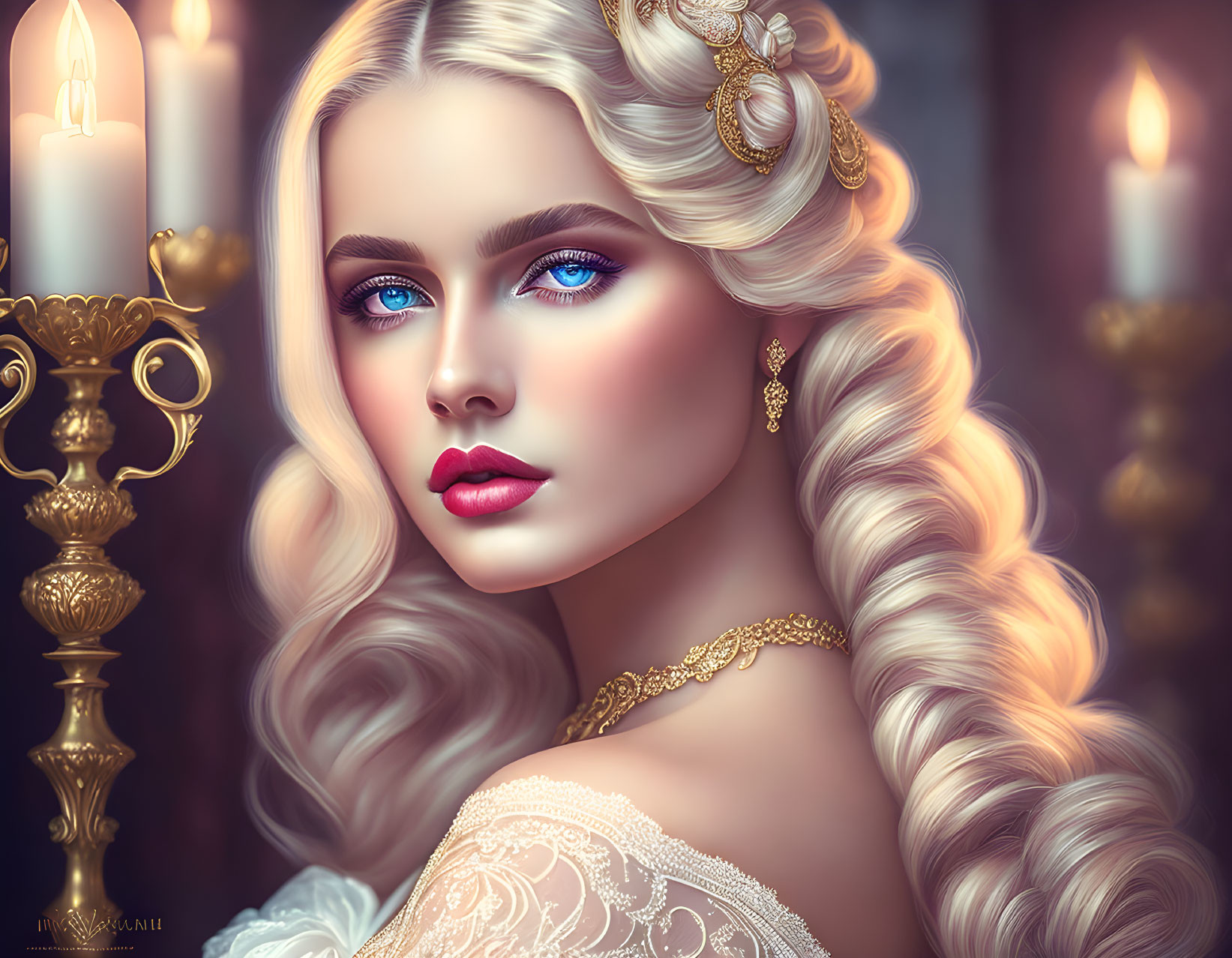 Digital portrait of woman with blue eyes, blonde hair, red lips, jewelry, and candles