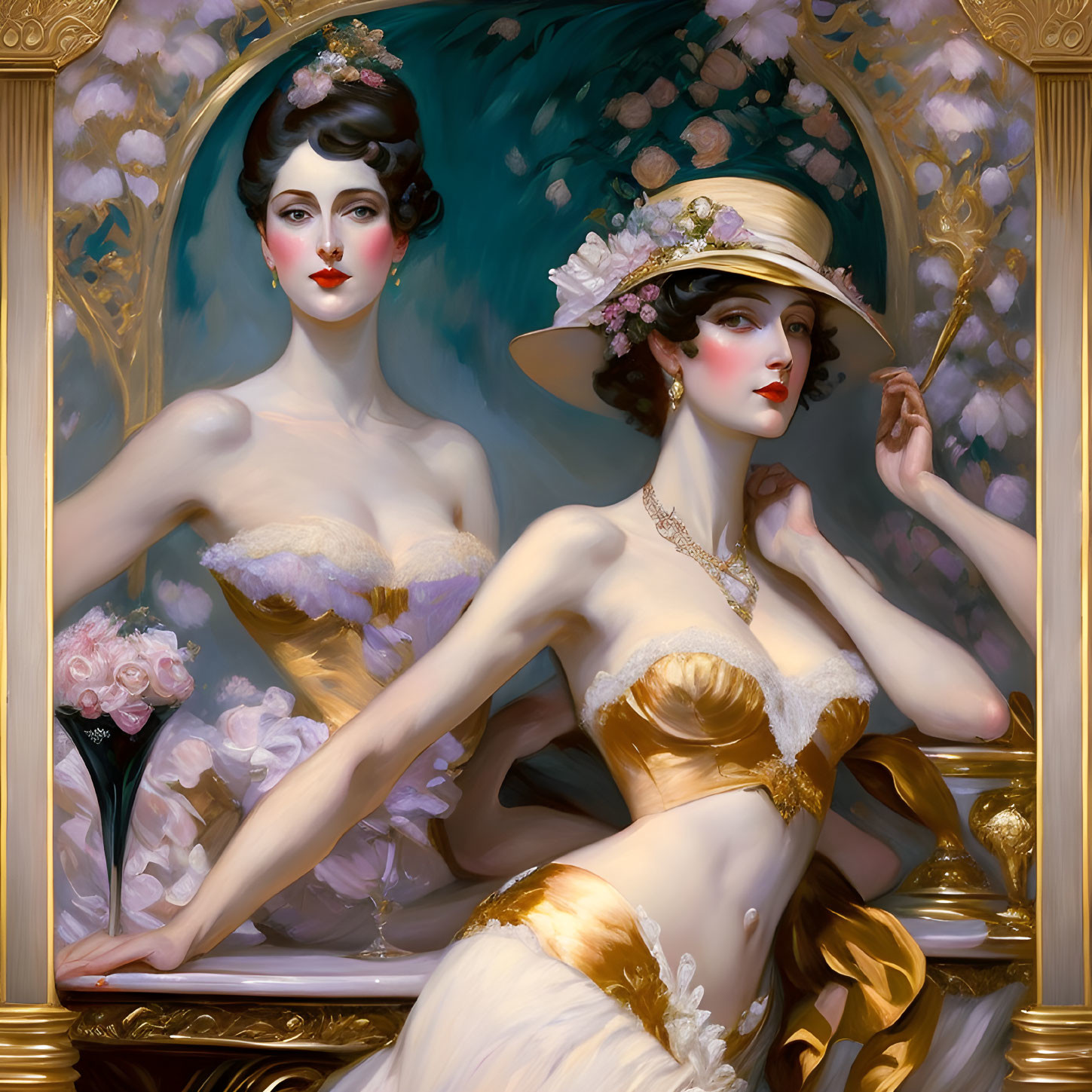 Vintage-themed oil painting of two women in elaborate hats with rich color tones