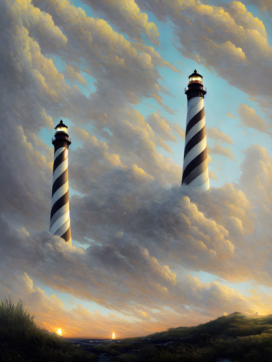 Striped lighthouses in fluffy cloud sunset scene