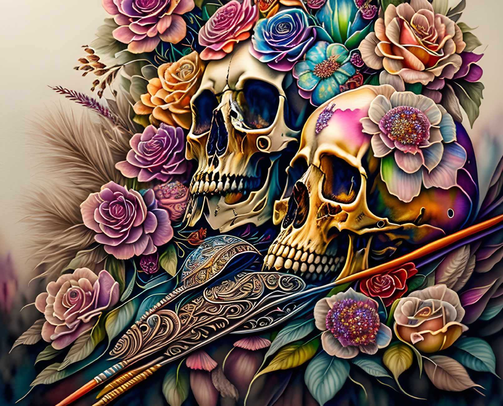 Ornate human skulls with colorful flowers and feather