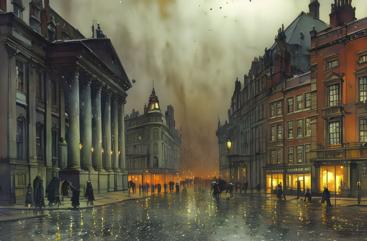 Vintage buildings and streetlights on rainy evening street scene with cobblestones, umbrellas, and horse