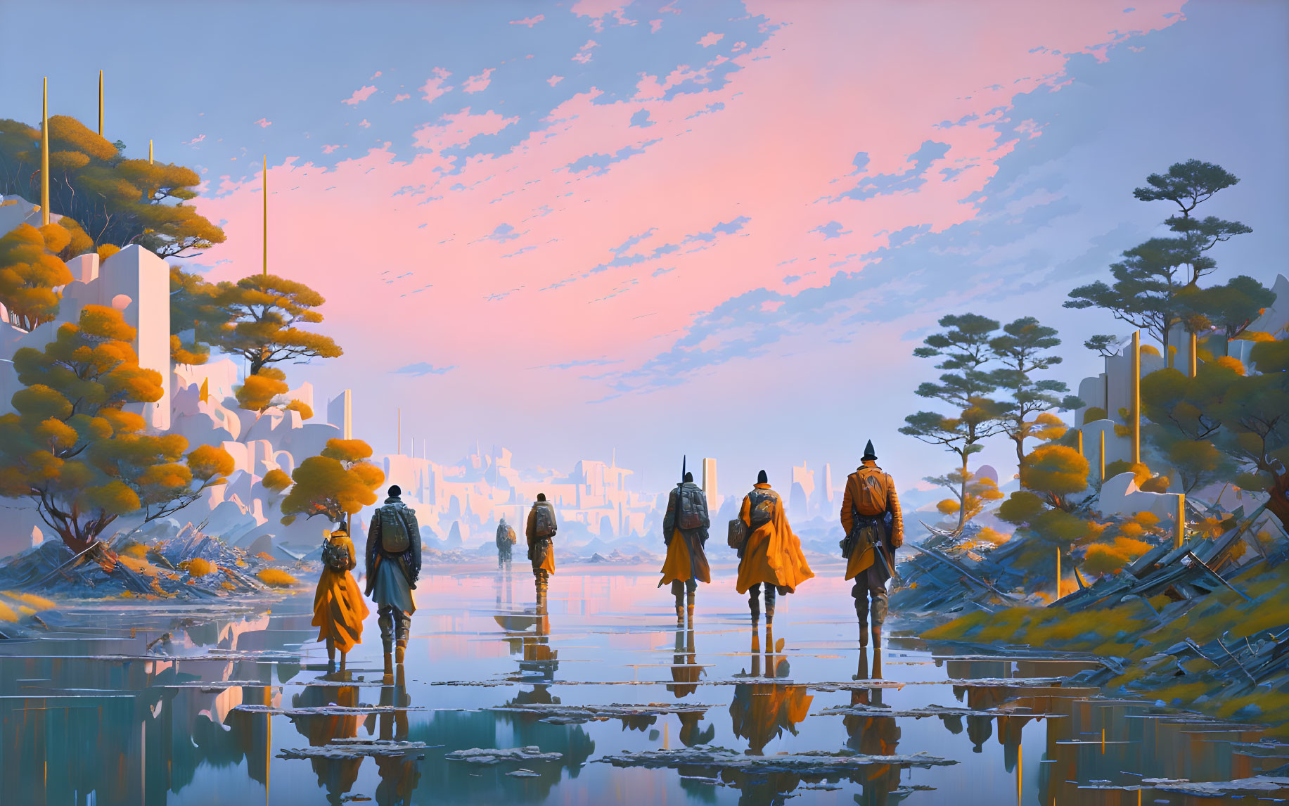 Figures in Orange Cloaks Walking on Water Towards Futuristic City at Sunset