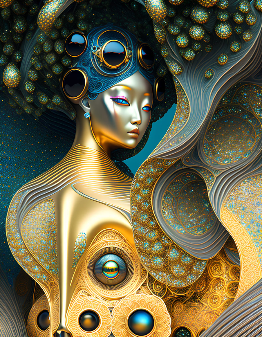 Futuristic female figure with metallic skin and orbs in swirling patterns