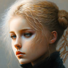 Portrait of young woman with pale skin, blue eyes, full lips, and blonde hair in contemplative