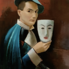 Historically dressed man with white mask in contemplation